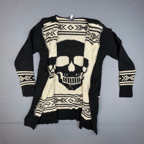 Hot Delicious Skull Cardigan Womens Small Ivory Black Goth Punk Grunge Winter - Picture 1 of 6